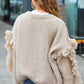 Weekend Ready Oatmeal V Neck Fringe Chunky Cable Cardigan