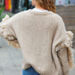 Weekend Ready Oatmeal V Neck Fringe Chunky Cable Cardigan