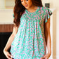 Dreamy Green & Pink Floral Yoke Ruffle Short Sleeve Top