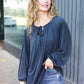 Versatile Charcoal Front Tie Modal Knit Peasant Top
