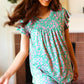 Dreamy Green & Pink Floral Yoke Ruffle Short Sleeve Top