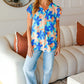 Tropical Breeze Turquoise Floral Banded V Neck Flutter Sleeve Top