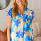 Tropical Breeze Turquoise Floral Banded V Neck Flutter Sleeve Top
