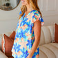 Tropical Breeze Turquoise Floral Banded V Neck Flutter Sleeve Top