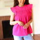 Love Life Cotton Fuchsia Frill Mock Neck Flutter Sleeve Top