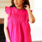 Love Life Cotton Fuchsia Frill Mock Neck Flutter Sleeve Top