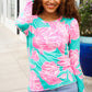 Find Love Aqua/Pink Fitted Floral Print Buttery Soft Knit Top