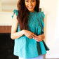 Love Life Cotton Turquoise Frill Mock Neck Flutter Sleeve Top