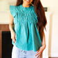 Love Life Cotton Turquoise Frill Mock Neck Flutter Sleeve Top