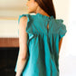 Love Life Cotton Turquoise Frill Mock Neck Flutter Sleeve Top