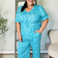 PLUS Spring Vibes Aqua Ikat Print Ruffle Sleeve Wide Leg Jumpsuit