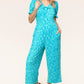 PLUS Spring Vibes Aqua Ikat Print Ruffle Sleeve Wide Leg Jumpsuit