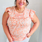Peach Floral Print Frilled Short Sleeve Yoke Top