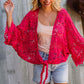 Beautiful You Fuchsia Crochet Front Tie Bell Sleeve Cardigan