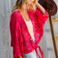 Beautiful You Fuchsia Crochet Front Tie Bell Sleeve Cardigan
