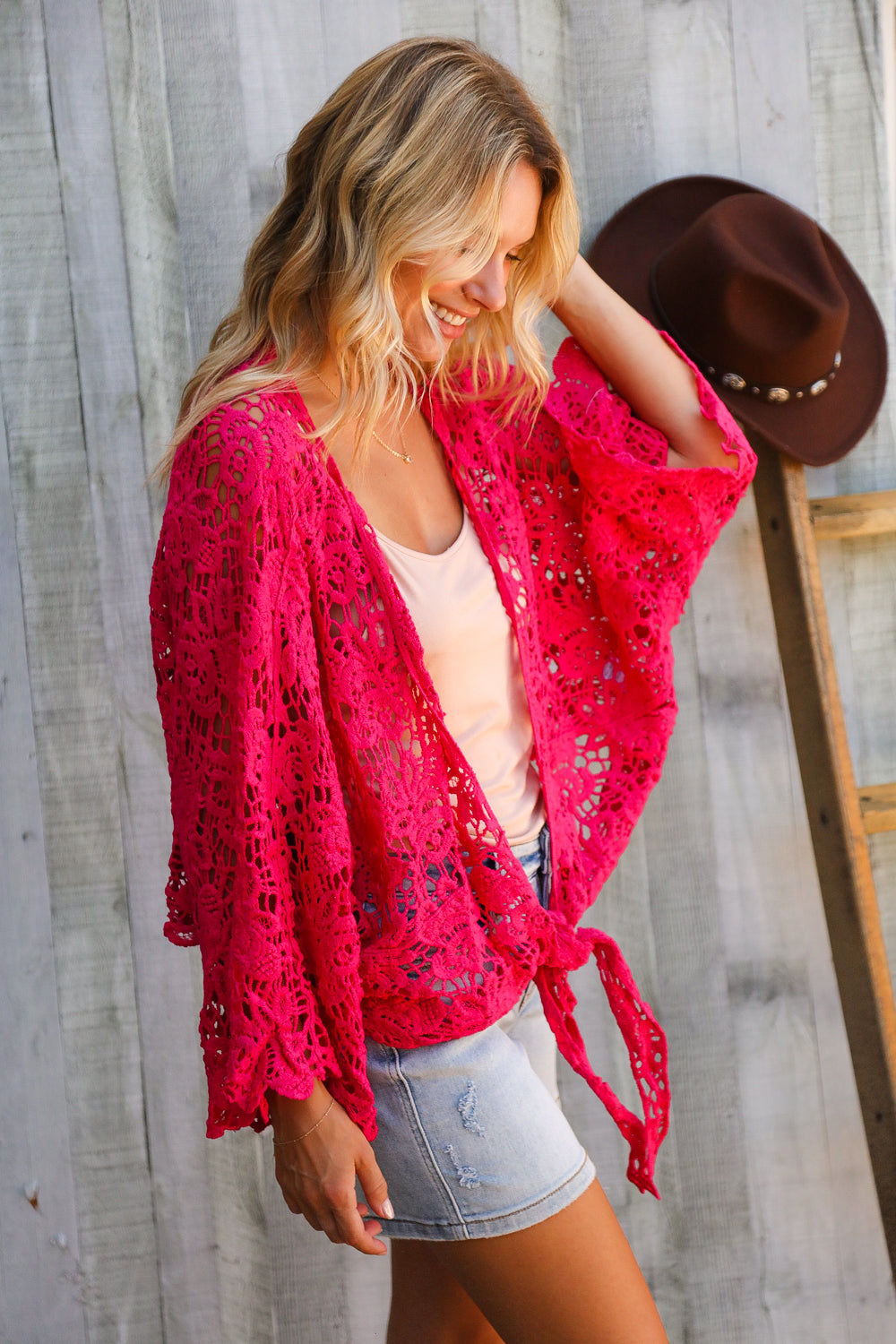 Beautiful You Fuchsia Crochet Front Tie Bell Sleeve Cardigan