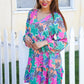 Lock Eyes Stone/Green Long Sleeve V Neck Ruffle Hem Babydoll Dress