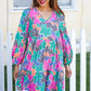 Lock Eyes Stone/Green Long Sleeve V Neck Ruffle Hem Babydoll Dress