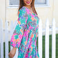 Lock Eyes Stone/Green Long Sleeve V Neck Ruffle Hem Babydoll Dress