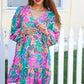 Lock Eyes Stone/Green Long Sleeve V Neck Ruffle Hem Babydoll Dress