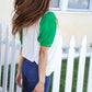 Lucky Sequin Clover Oatmeal Cable Knit Puff Sleeve Top