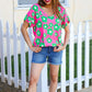 Spring Vibes Pink & Green Flower Print V Neck Short Sleeve Top