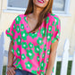 Spring Vibes Pink & Green Flower Print V Neck Short Sleeve Top