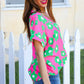 Spring Vibes Pink & Green Flower Print V Neck Short Sleeve Top