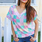 Easy Living Mint Patchwork Print Textured Knit V Neck Top