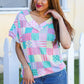 Easy Living Mint Patchwork Print Textured Knit V Neck Top