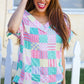 Easy Living Mint Patchwork Print Textured Knit V Neck Top