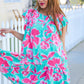 Diva Dreaming Aqua Floral Print Tiered Ruffle Sleeve Dress
