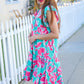Diva Dreaming Aqua Floral Print Tiered Ruffle Sleeve Dress