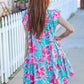 Diva Dreaming Aqua Floral Print Tiered Ruffle Sleeve Dress