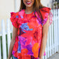 Look of Love Red & Fuchsia Floral Smocked Ruffle Frill Sleeve Top