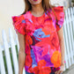 Look of Love Red & Fuchsia Floral Smocked Ruffle Frill Sleeve Top