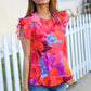Look of Love Red & Fuchsia Floral Smocked Ruffle Frill Sleeve Top