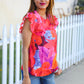 Look of Love Red & Fuchsia Floral Smocked Ruffle Frill Sleeve Top
