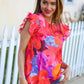 Look of Love Red & Fuchsia Floral Smocked Ruffle Frill Sleeve Top