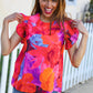Look of Love Red & Fuchsia Floral Smocked Ruffle Frill Sleeve Top
