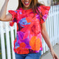 Look of Love Red & Fuchsia Floral Smocked Ruffle Frill Sleeve Top