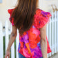Look of Love Red & Fuchsia Floral Smocked Ruffle Frill Sleeve Top