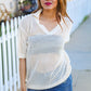 Can't Look Away Oatmeal Crochet V Neck Collared Top