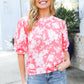 Spring Vibes Coral Wavy Rib Puff Short Sleeves Floral Top