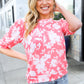 Spring Vibes Coral Wavy Rib Puff Short Sleeves Floral Top