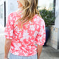 Spring Vibes Coral Wavy Rib Puff Short Sleeves Floral Top