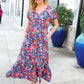 Find Love Blue Floral Raglan Puff Sleeves V Neck Smocked Waist Maxi