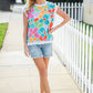 Beautiful You Teal Multicolor Floral Rib Dolman Sleeve Top