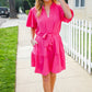 Star Struck Fuchsia Notched Neck Balloon Sleeve Sash Belt Mini Dress