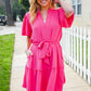 Star Struck Fuchsia Notched Neck Balloon Sleeve Sash Belt Mini Dress